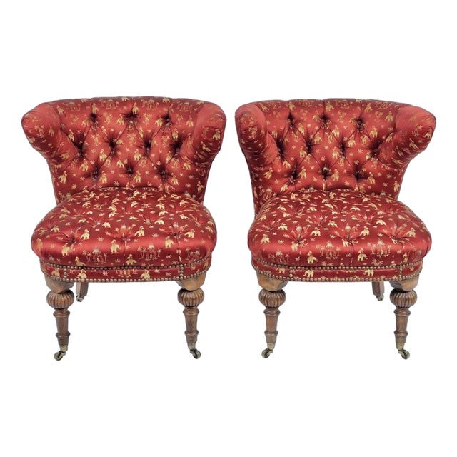 Pair of Chinoiserie Tufted Red Barrel Back Slipper Chairs For Sale