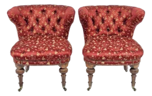 Pair of Chinoiserie Tufted Red Barrel Back Slipper Chairs