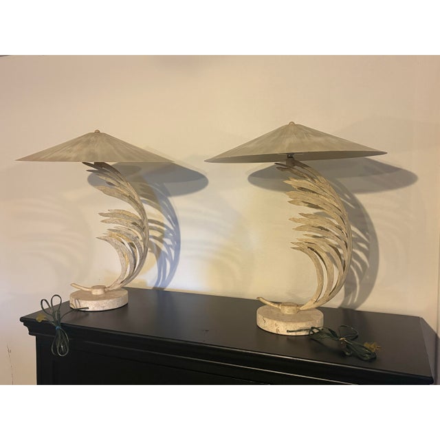 1990s 1990s Fabulous Vintage Original Pair of Michael Taylor Metal Palm Leaf Lamps With Metal Shades Travertine Base For Sale - Image 5 of 12