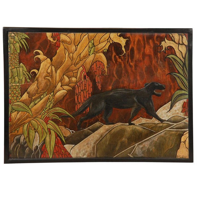 Paint 1960s Art Deco Style Panther with Jungle Landscape Oil Painting Signed Fe Sohler, Framed For Sale - Image 7 of 7