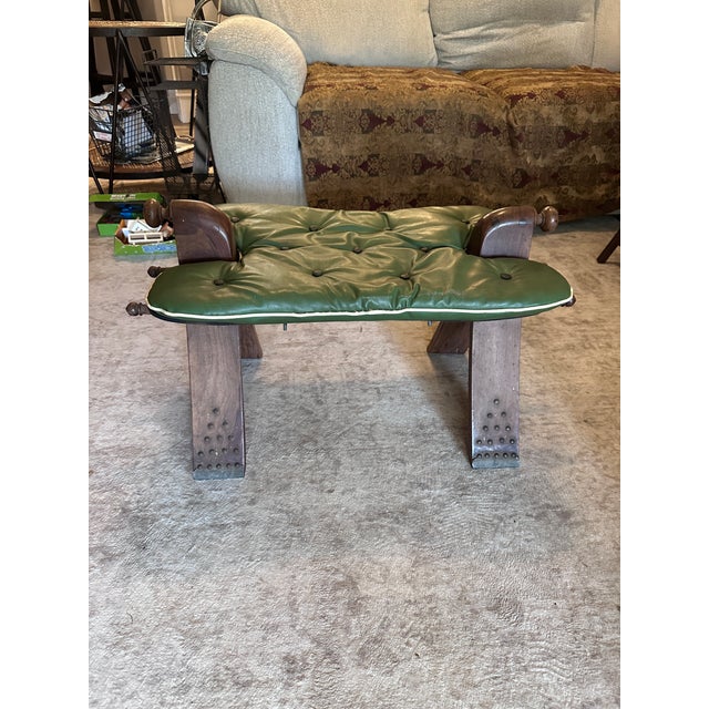 1950s Vintage Moroccan Style Tufted Green Leather Camel Saddle Footstool - Ottoman For Sale - Image 5 of 6