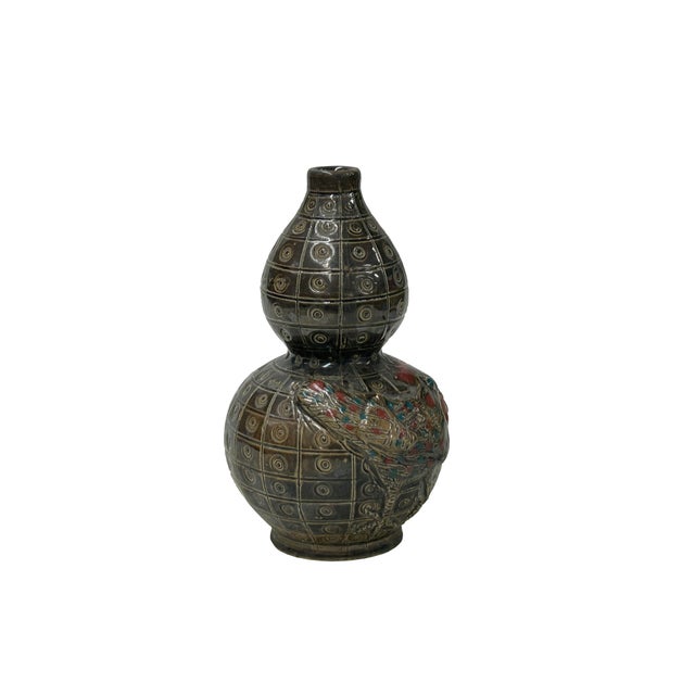 Asian Oriental Small Gourd Shape Metallic Brown Rooster Graphic Ceramic Art Vase For Sale - Image 3 of 8