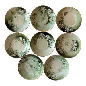 Set of 8 Antique Porcelain Green and White Small Plates