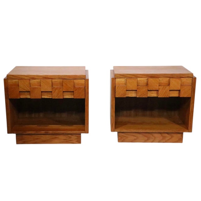 Iconic pair of Brutalist style nightstands by the Lane Furniture Company, as part of their sought after Staccato series,...