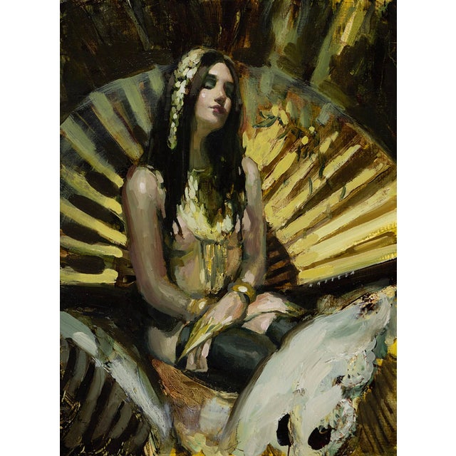 Siren in Green Gold by Nadezda | Oil on panel of a woman seated with a fan backdrop For Sale