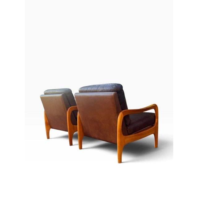 Brown Pair of Danish Modern Leather Lounge Chairs | Sculpted Maple Frames | Brown Leather With Tufted Backs | C. 1960s For Sale - Image 8 of 18