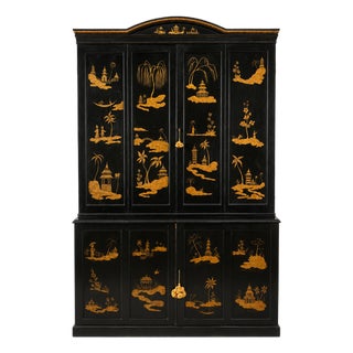 19th Century, English Black Chinoiserie Decorated Bi-Fold Door Cabinet For Sale