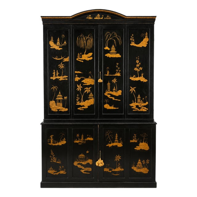 19th Century, English Black Chinoiserie Decorated Bi-Fold Door Cabinet For Sale