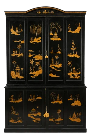 19th Century, English Black Chinoiserie Decorated Bi-Fold Door Cabinet