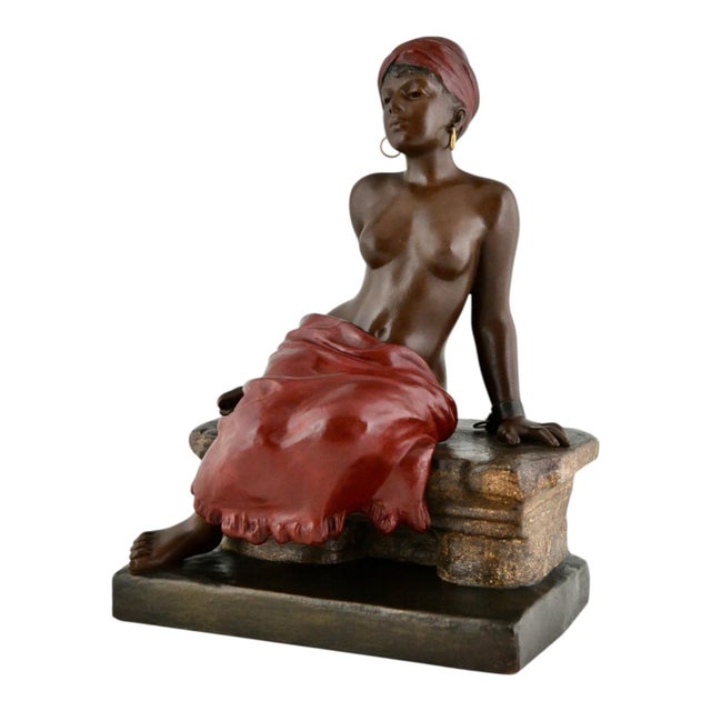 Brown Emmanuel Villanis, Art Nouveau Sculpture of Seated Girl, 1900, Metal For Sale - Image 8 of 9