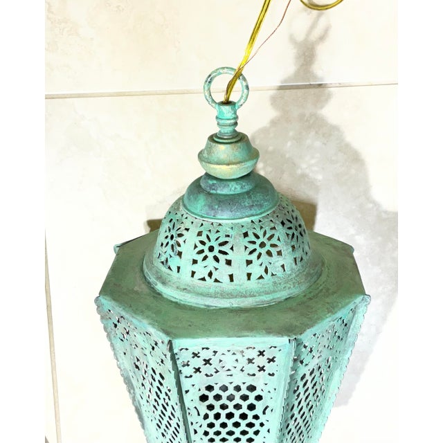 Antique Moroccan Verdigris Copper Lantern – Hand-Pierced Openwork For Sale - Image 15 of 16