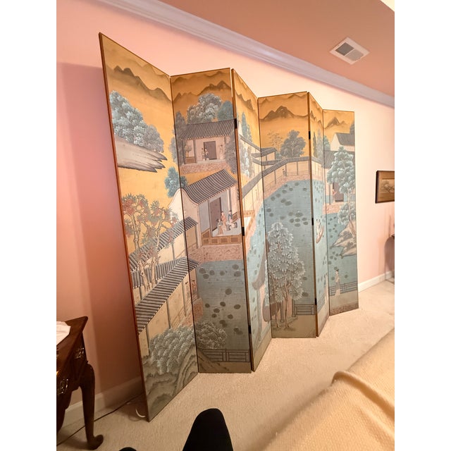 Antique Six Panel Watercolor Floor Screen For Sale - Image 9 of 15