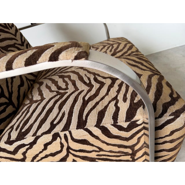 2000 - 2009 Thayer Goggin “Zac” Zebra Print Swivel Lounge Chair in Brushed Stainless Steel For Sale - Image 5 of 12
