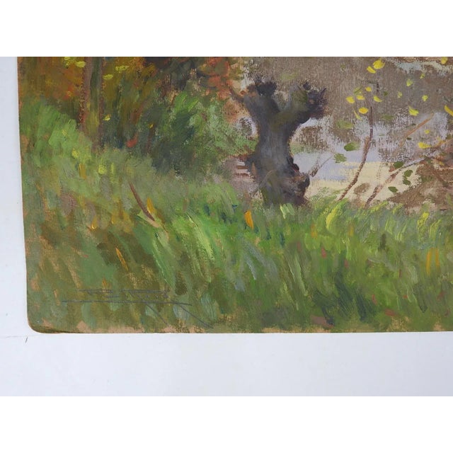 Antique late 19th century french impressionist oil on thick paper landscape painting with river and stone bridge....