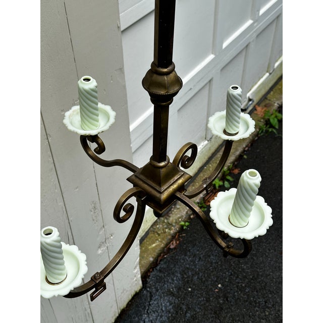 1910s Vintage Brass Four Arm Gas Electric Chandelier For Sale - Image 5 of 11