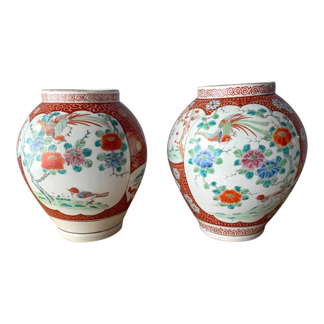 Near Antique Japanese Arita Export Ceramic Jars - Pair For Sale