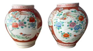 Near Antique Japanese Arita Export Ceramic Jars - Pair