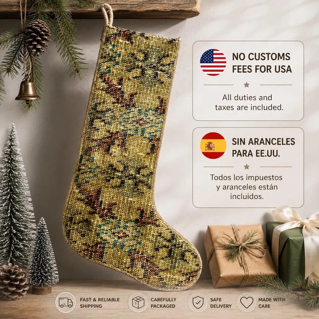 American Vintage Kilim Christmas Stocking, Sage Green Handwoven Wool Boho Xmas Decor, One of a Kind Turkish Rug Stocking, Rustic Holiday Gift For Sale - Image 3 of 7