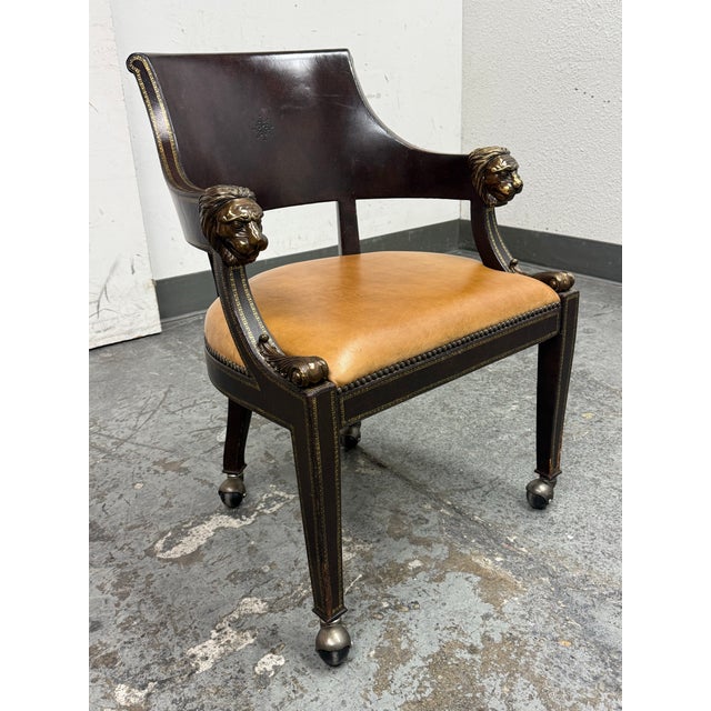 Neoclassical Maitland-Smith Neoclassical Lion Head Armchair + Casters For Sale - Image 3 of 12