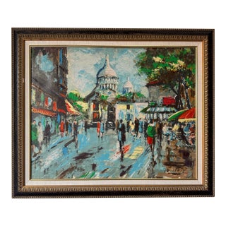 1960’s Vintage Parisian Street Scene Oil on Canvas Painting, Signed For Sale