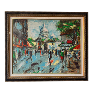 1960’s Vintage Parisian Street Scene Oil on Canvas Painting, Signed