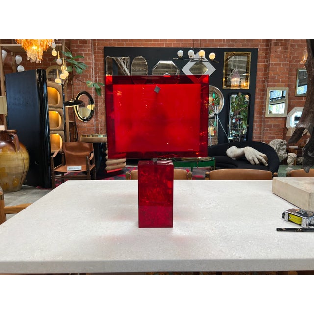 Plastic Vintage Italian Red Acrylic Table Lamp 1980s For Sale - Image 7 of 8