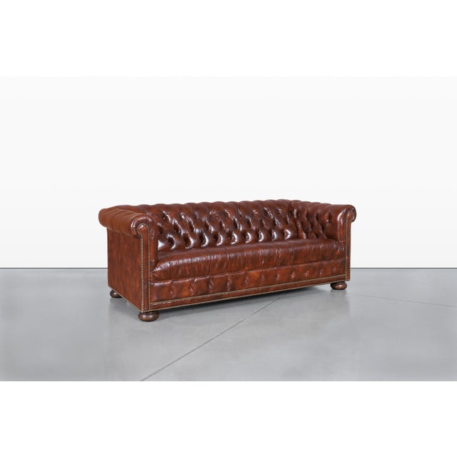 Mid-Century Modern Vintage Brown Leather Chesterfield Sofa For Sale - Image 3 of 13