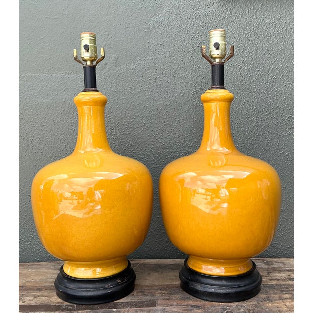 Vintage Glazed Ceramic Lamps - A Pair For Sale - Image 4 of 12