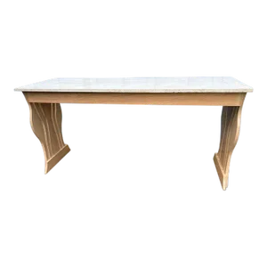 Contemporary Style Trestle Wood Base and Marble Top Console Table.