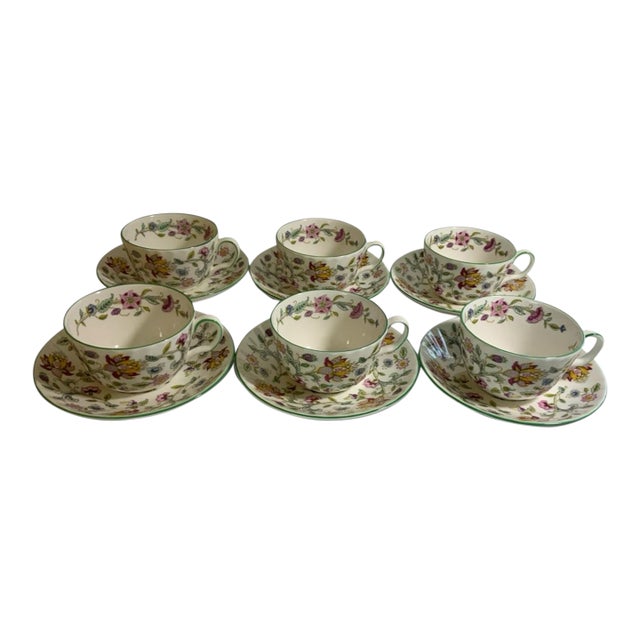 Vintage Minton Haddon Hall Flat Cup & Saucer Set of 6 Fine Bone China Green Trim - 12 pcs For Sale