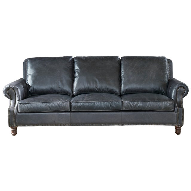 English Rolled Arm Sofa - Slate Leather For Sale - Image 4 of 9