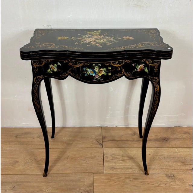 Chinese Black Lacquer Games Table with Hand-Painted Floral Decoration For Sale - Image 12 of 18