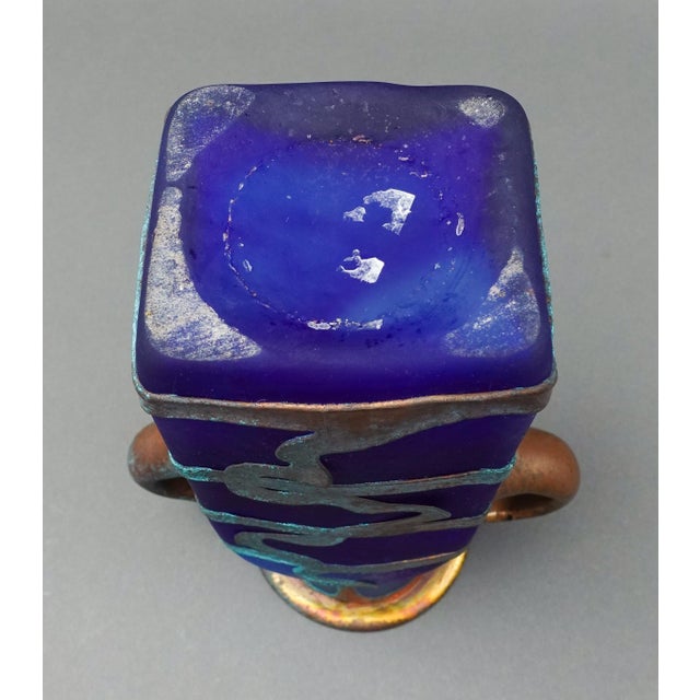 Metal Mid 20th Century Anca Podaru Ama Romanian Copper Overlay Handled Art Glass Nouveau Vase For Sale - Image 7 of 10