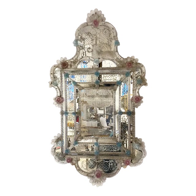 Large Murano Mirror with Blue and Pink Flowers, 1950s For Sale