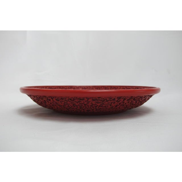 Chinese Carved Cinnabar Red Lacquer Lotus Bat Fish Design 11 1/4" Charger Plate For Sale - Image 4 of 14