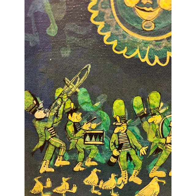 Pair of Signed 1972 Whimsical Folk Paintings on Stretched Canvas – Fire Truck & Marching Band (Pair For Sale - Image 9 of 18