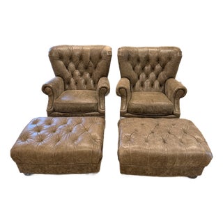 2000s Distressed Leather ‘Hemingway’ Wingback Chairs and Ottomans For Sale
