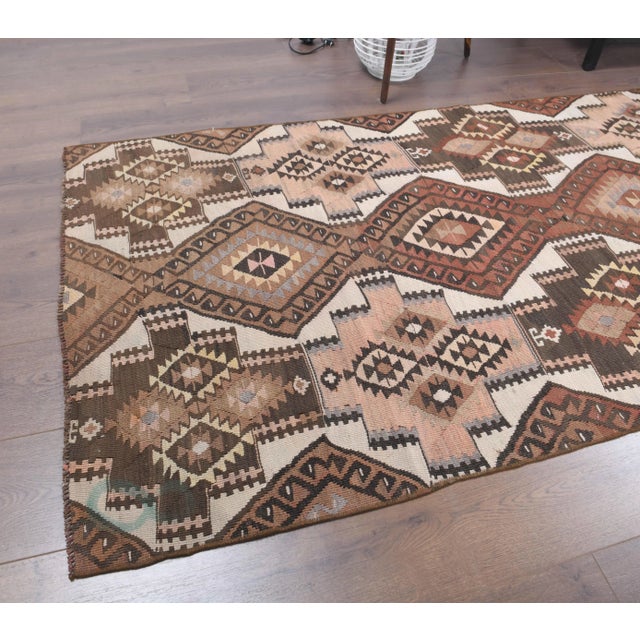 Vintage Turkish Handmade Wool Cotton Brown Kilim Runner For Sale - Image 4 of 9