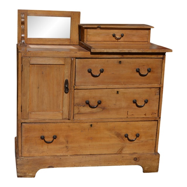 Vintage Unusual Rustic Pine Dresser Chest W/ Small Mirror / Cupboard & Glove Drawer For Sale