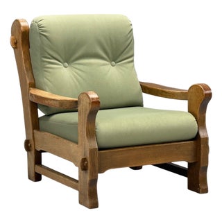 Danish Modern, Oak, Green Nubuck, Brutalist Lounge Chair, Denmark, 1960s For Sale