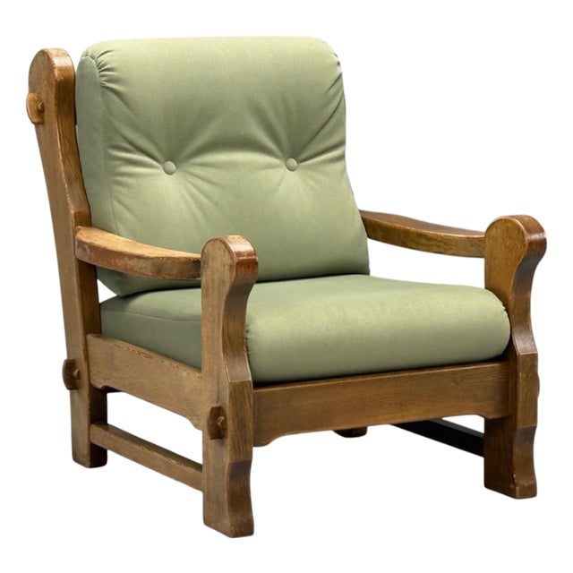 Danish Modern, Oak, Green Nubuck, Brutalist Lounge Chair, Denmark, 1960s For Sale