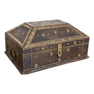 Vintage Handmade Wooden Hinged Box With Metalwork Detail For Sale