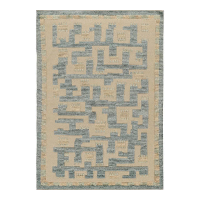 Rug & Kilim’s Scandinavian Style Rug in Blue & Beige Geometric Patterns For Sale