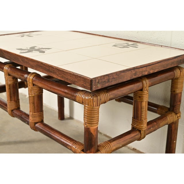 John Wisner for Ficks Reed Mid-Century Hollywood Regency Bamboo Rattan Tile Top Side Table, 1950s For Sale In South Bend - Image 6 of 11