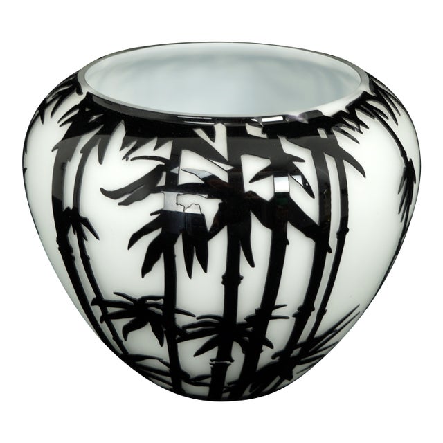 Contemporary Mid-Century Modern Revival Black & White Cased Glass Bamboo Vase For Sale