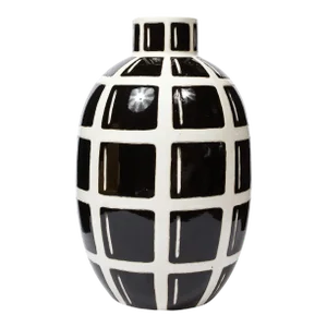 Mid-Century Modern Black & White Ceramic Elliptical Grid Form "Grenade" Vase