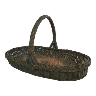 1940s Rustic Green Wicker Basket For Sale