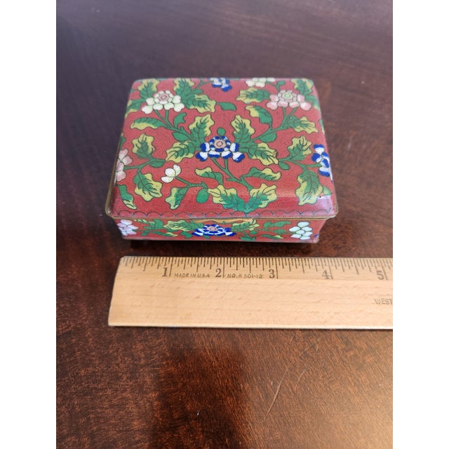 Red Vintage Chinese Colorful Floral Red Cloisonné Box For Sale - Image 8 of 13