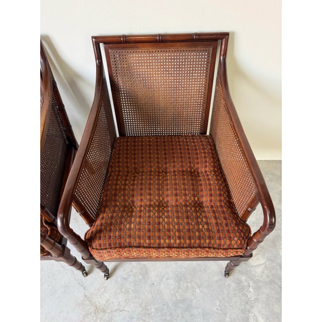 1970s 1970’s Hickory Chair Regency-Style Faux Bamboo Caned Armchairs on Brass Casters – A Pair For Sale - Image 5 of 12