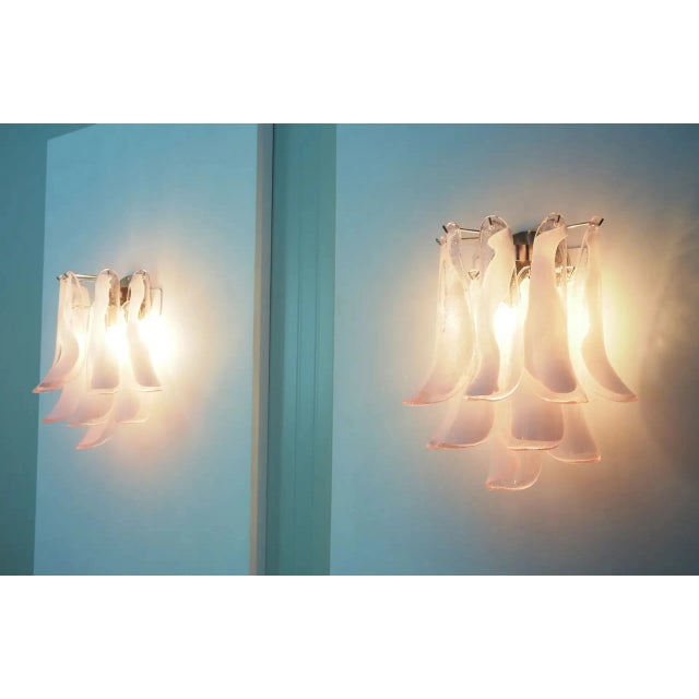 Pair of Italian Murano Wall Lights Mazzega – 10 Pink Lattimo Glass Petals For Sale - Image 12 of 12